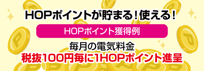 HOPポイントが貯まる!使える!【HOPポイント獲得例】毎月の電気料金税抜100円毎に1HOPポイント進呈