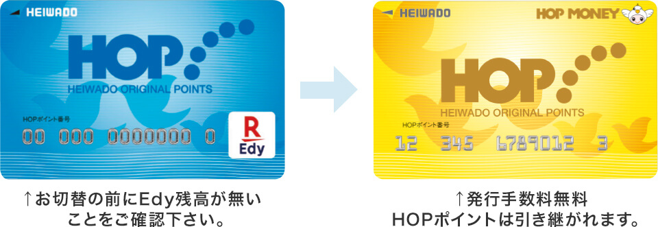 HOP-Edy:お切替の前にEdy残高が無いことをご確認下さい HOPポイント:発行手数料無料 HOPポイントは引き継がれます。