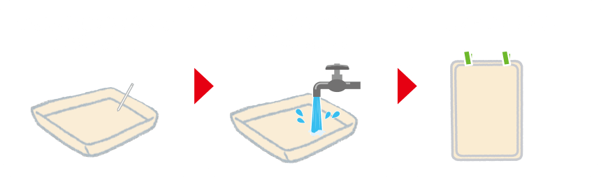  つまようじがささるか確認します。 水できれいに洗いましょう。 よく乾かします。