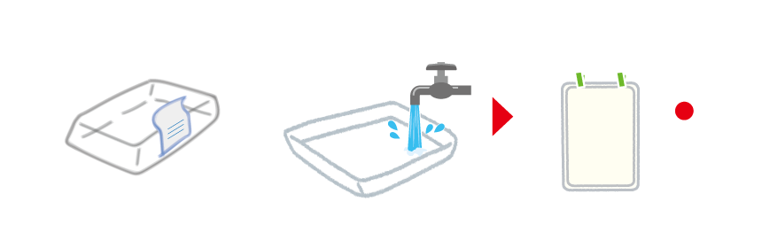 ラベルシールはできるだけはがしましょう。ご協力をお願いします。 水できれいに洗いましょう。 よく乾かします。