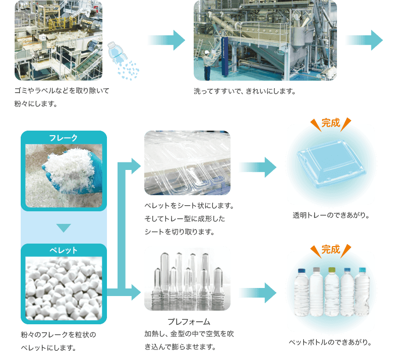 ゴミやラベルなどを取り除いて粉々にします。 洗ってすすいで、きれいにします。 粉々のフレークを粒状のペレットにします。 ①ペレットをシート状にします。そしてトレー型に成形したシートを切り取ります。 透明トレーのできあがり。 ②プレフォーム 加熱し、金型の中で空気を吹き込んで膨らませます。 ペットボトルのできあがり。