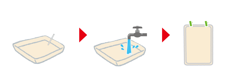 つまようじがささるか確認します。 水できれいに洗いましょう。 よく乾かします。