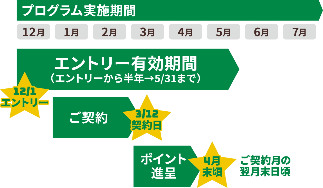 12月1日にエントリー、3月12日にご契約の場合、4月末ごろのポイント進呈 ※エントリー有効期間はエントリーから半年 12月1日にエントリーの場合、5月31日まで
