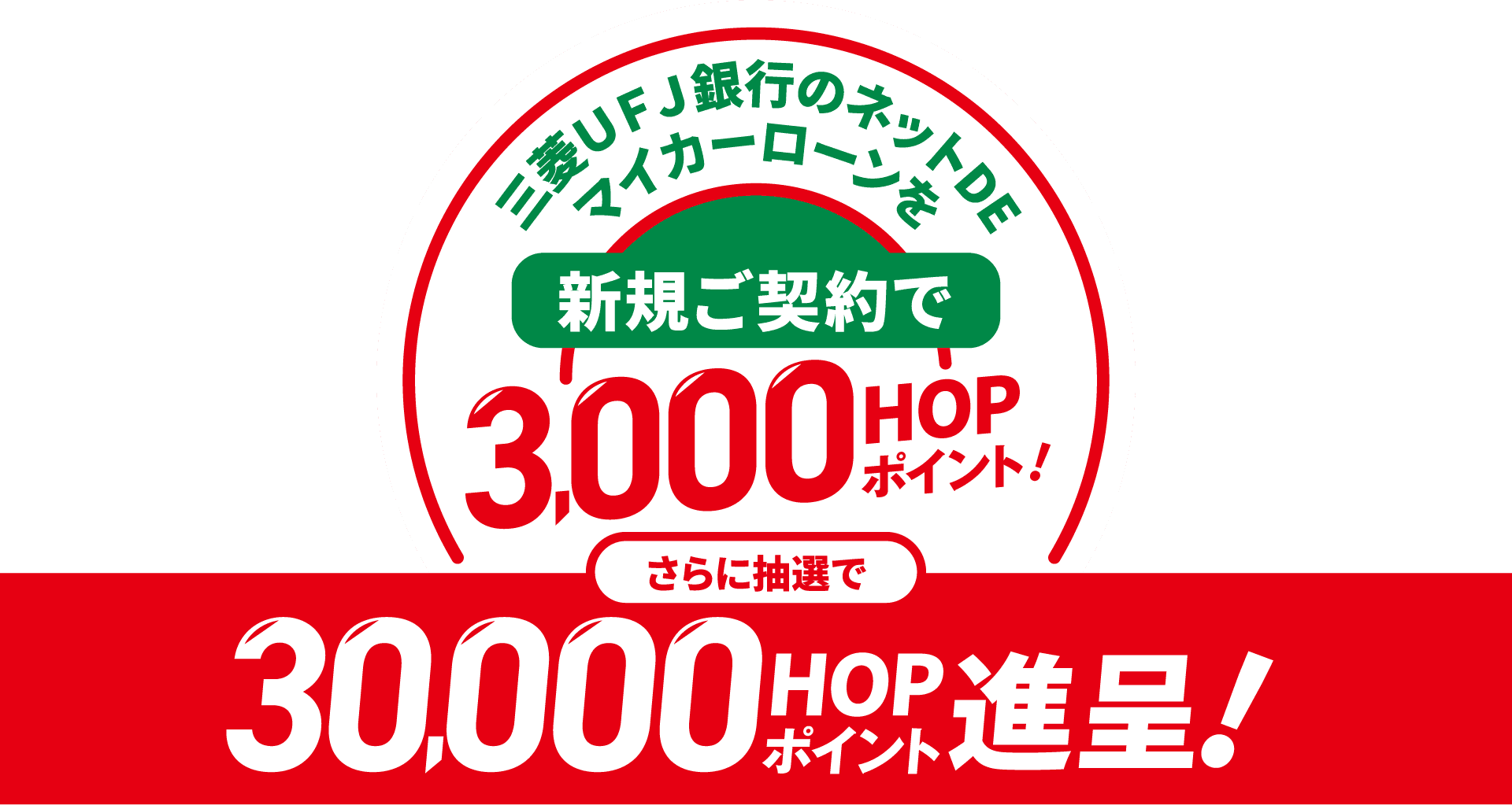 三菱ＵＦＪ銀行の「ネットdeマイカーローン」を新規ご契約で3000hopポイント進呈！さらに抽選で30000hopポイント進呈！