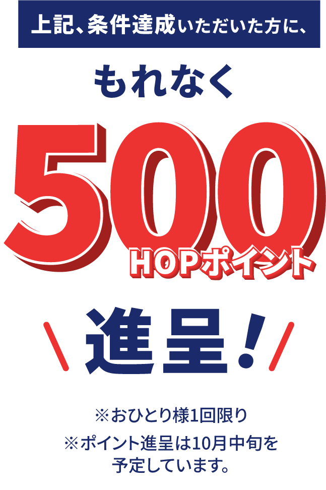上記、条件達成いただいた方に、もれなく500HOPポイント進呈! ※お一人様1回限り※ポイント進呈は10月中旬を予定しています。
